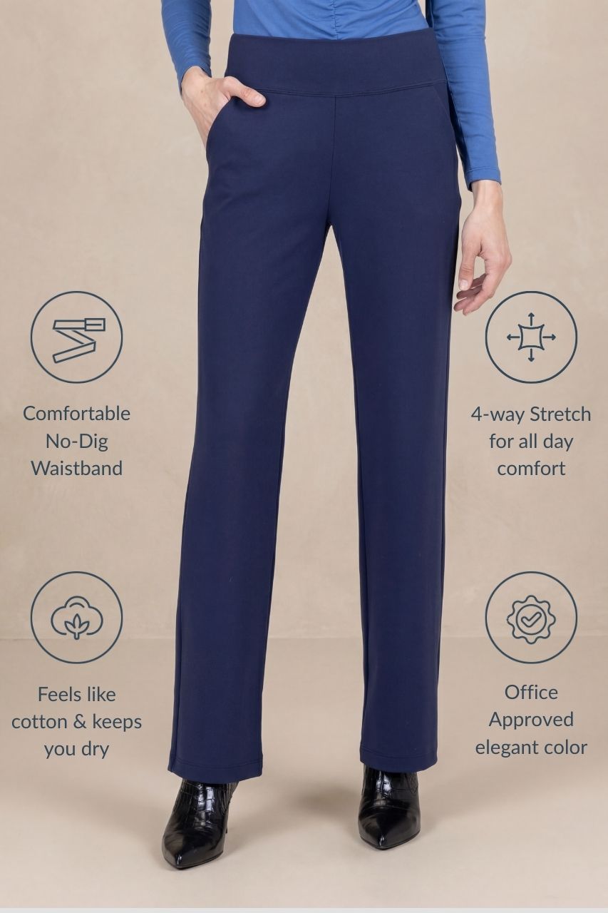Navy blue pants with text highlighting features on a beige background
