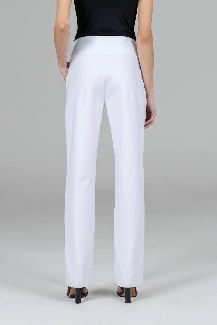 Back view of the Nina Straight Leg Pant in white, showcasing the flattering fit and seamless design for an elegant appearance