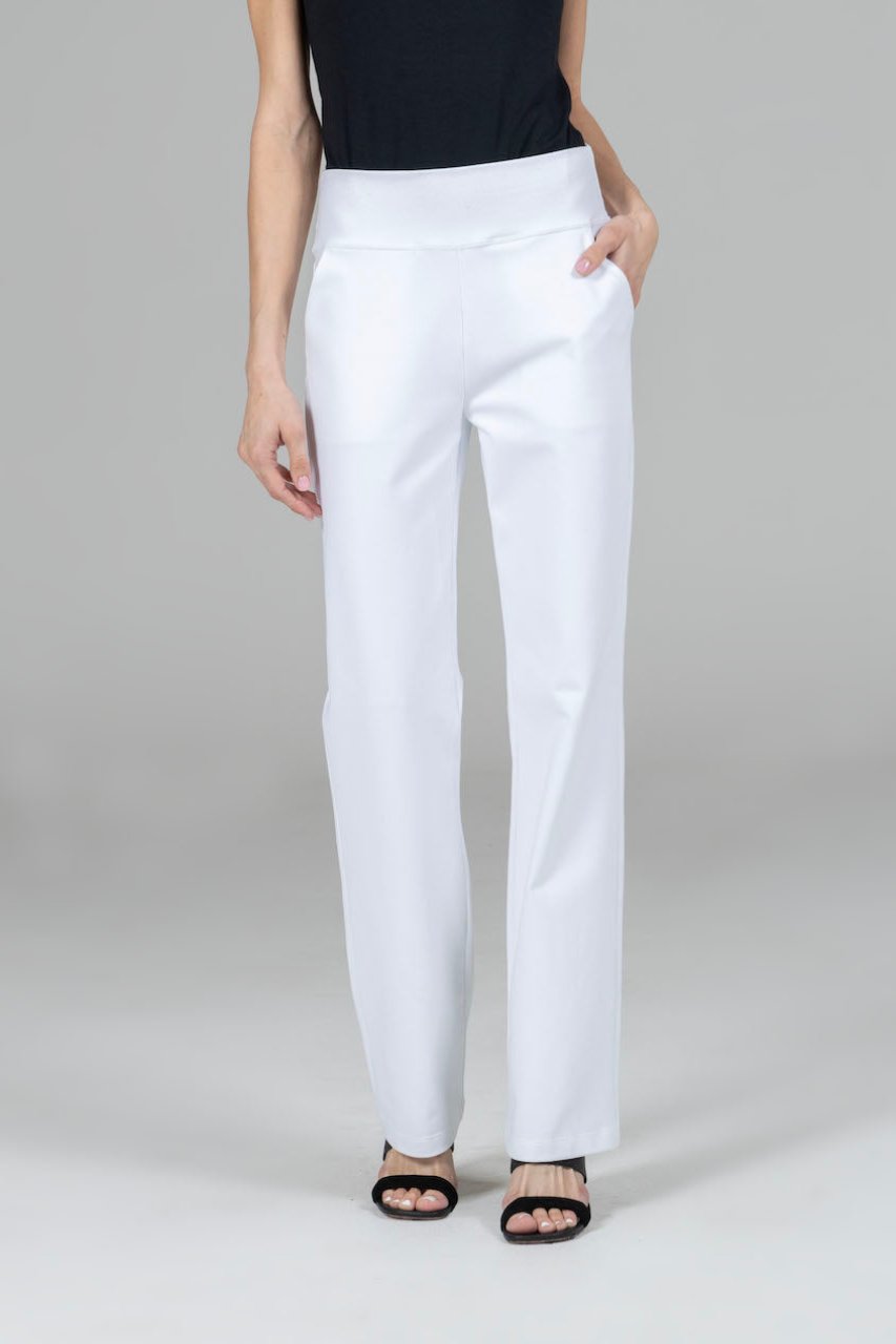 Front view of the Nina Straight Leg Pant in white, highlighting the clean lines and tailored fit for a polished and sophisticated look