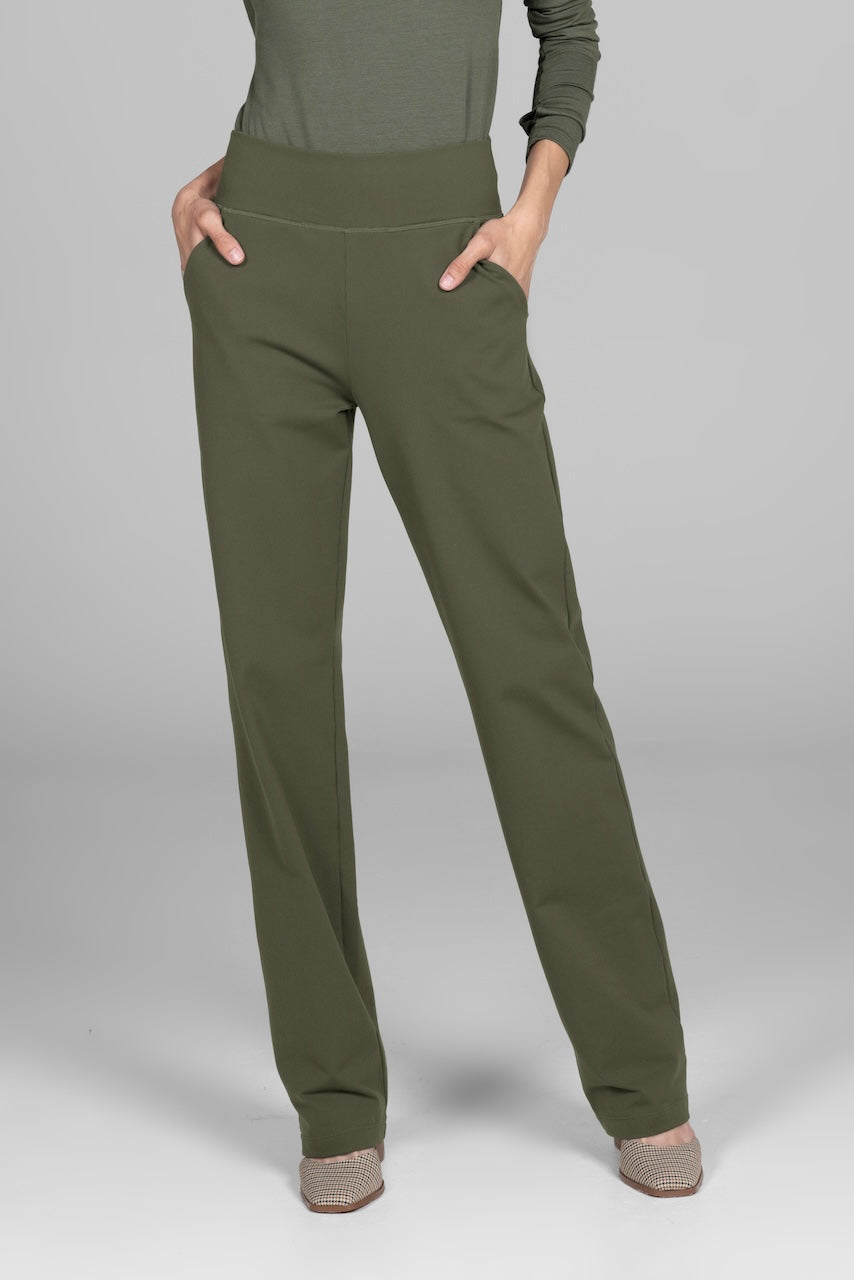 Front view of green high-waisted pants with side pockets.