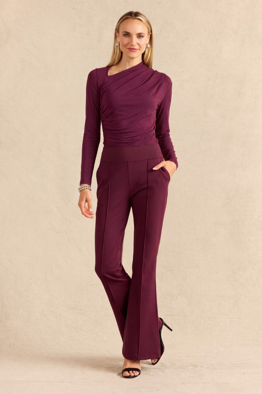 VICTORIA HIGH WAIST FLARE PANT: BURGUNDY