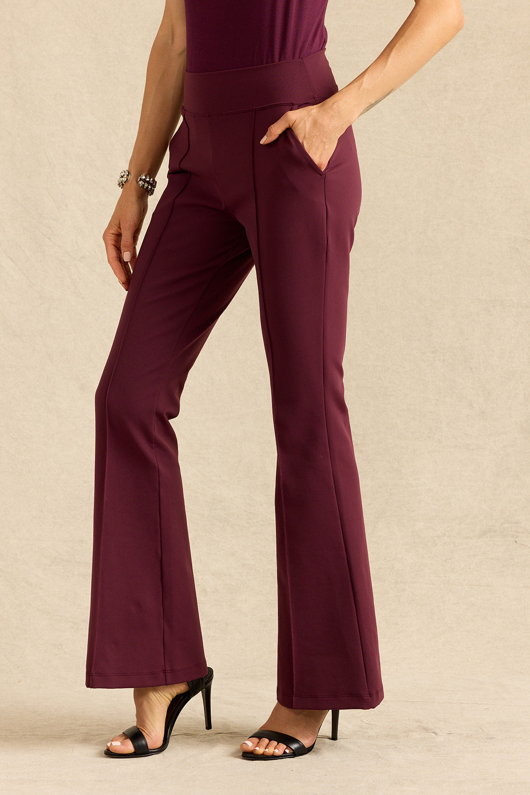 VICTORIA HIGH WAIST FLARE PANT: BURGUNDY