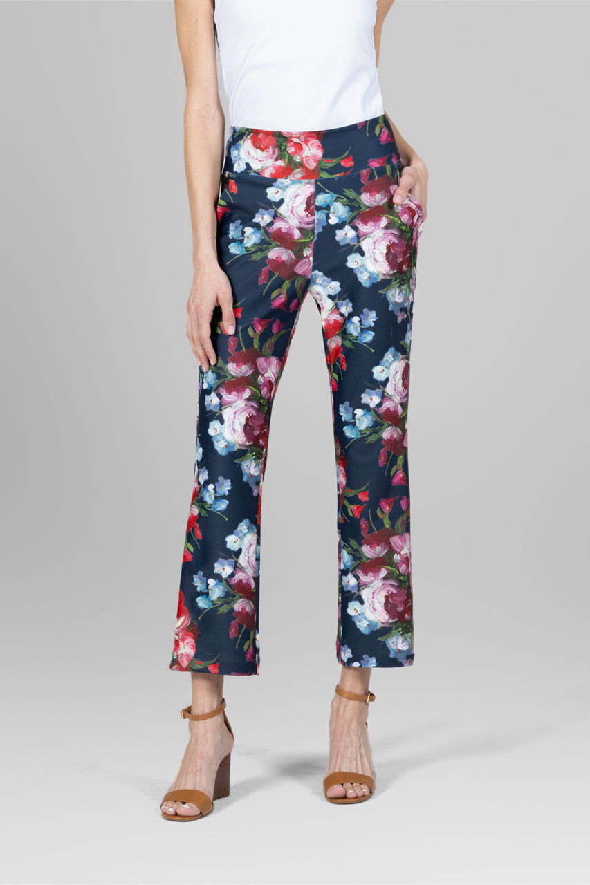 Front view of the High Waist Ankle Kick Pant in spring floral, highlighting the vibrant floral pattern and flattering high-waisted design