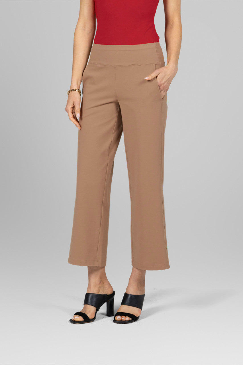 Front view of the Traveler Ankle Pant in khaki, showcasing the tailored fit and stylish design for a versatile look.