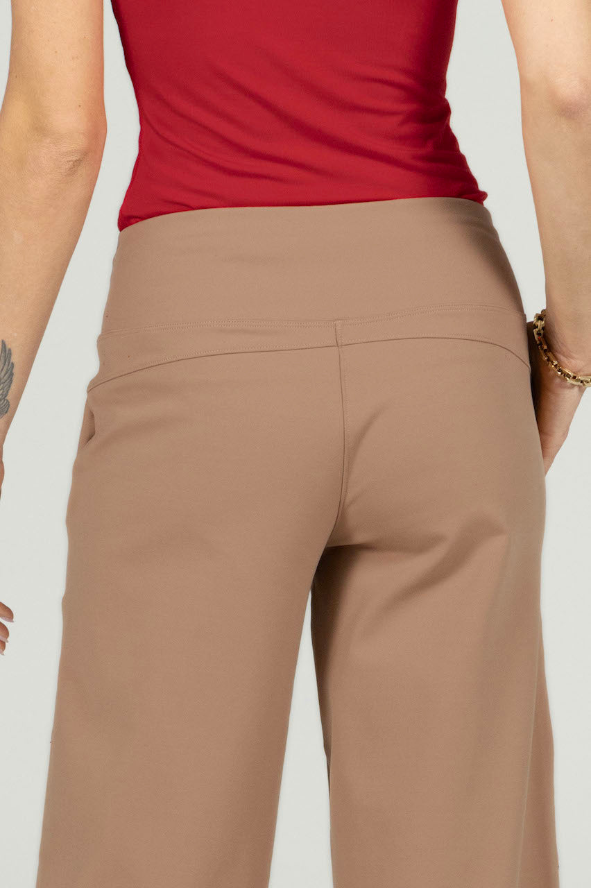 Close-up back view of the Traveler Ankle Pant in khaki, highlighting the tailored seams and soft fabric texture for a refined look