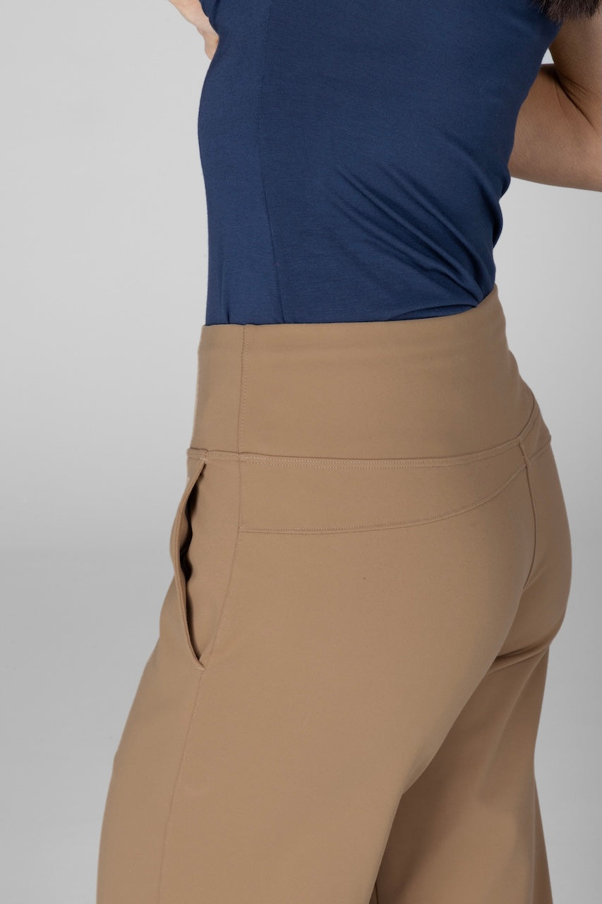 Close up side photo of khaki pants with pockets