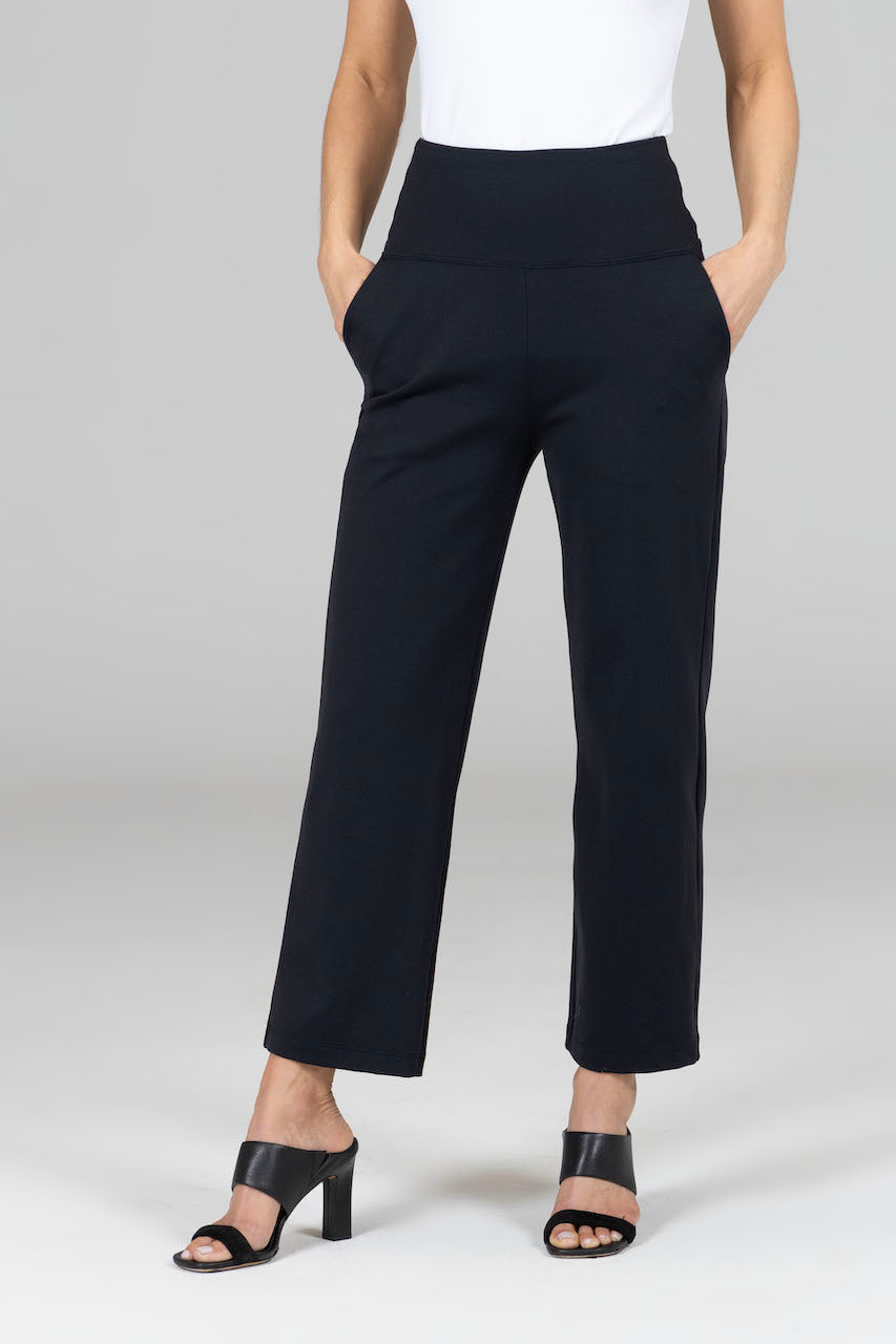 Front view of the High Waist Ankle Pant in black, showcasing the sleek design and flattering high-waisted fit for a polished look