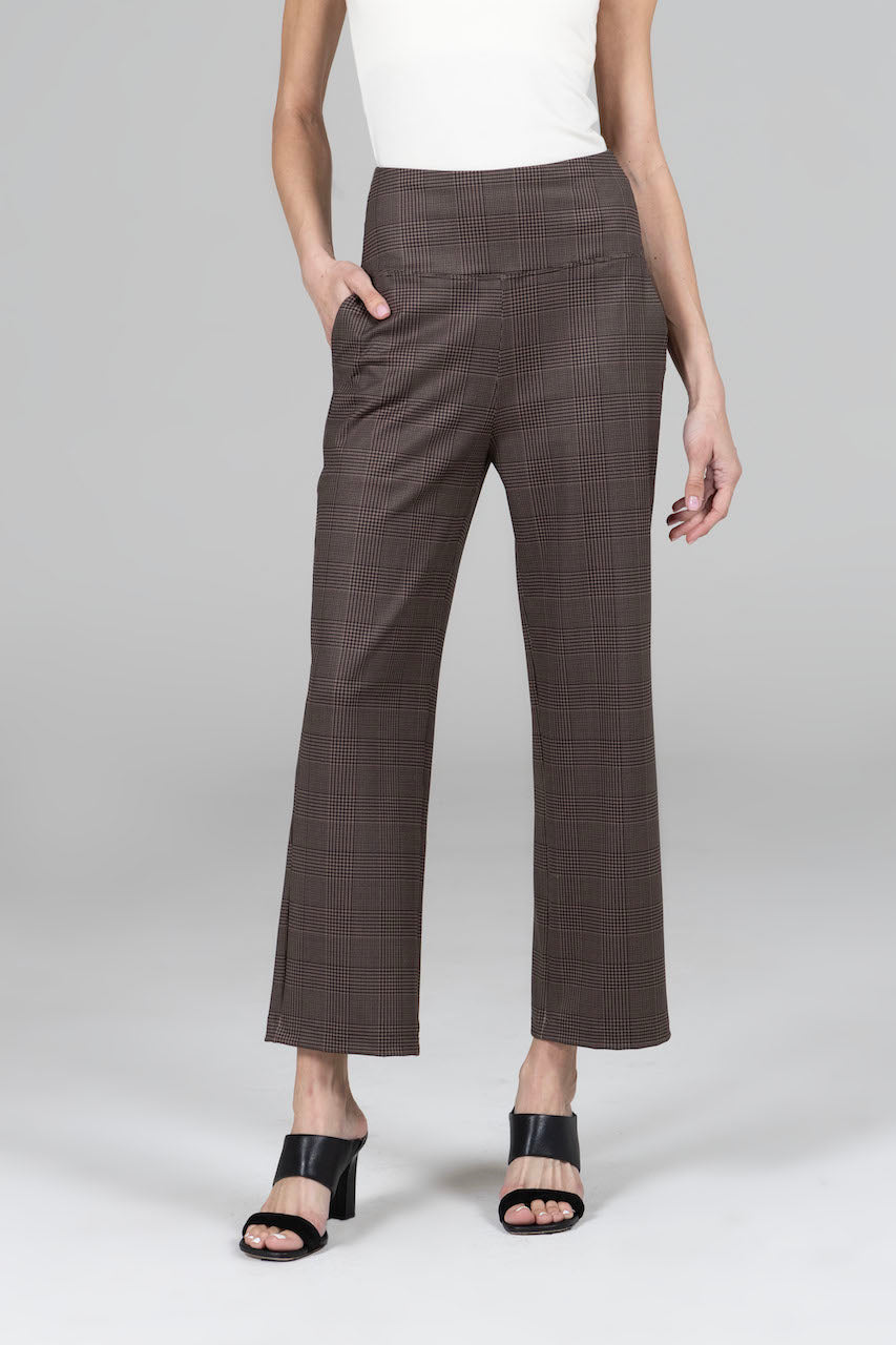 Close-up image of the High Waist Ankle Pant in Prince of Wales plaid, highlighting the intricate pattern and luxurious fabric texture