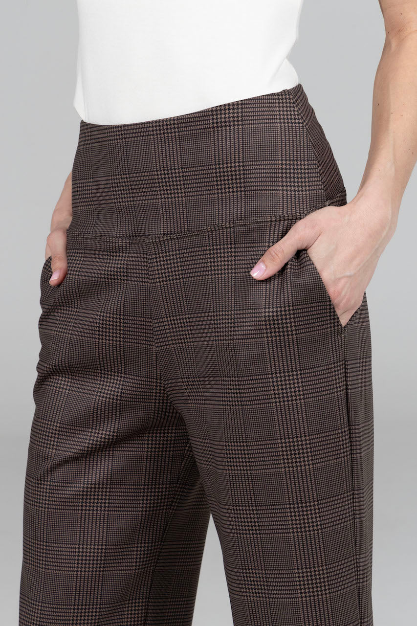 Close up image with hand in pocket of HIGH WAIST ANKLE PANT: PRINCE OF WALES PLAID