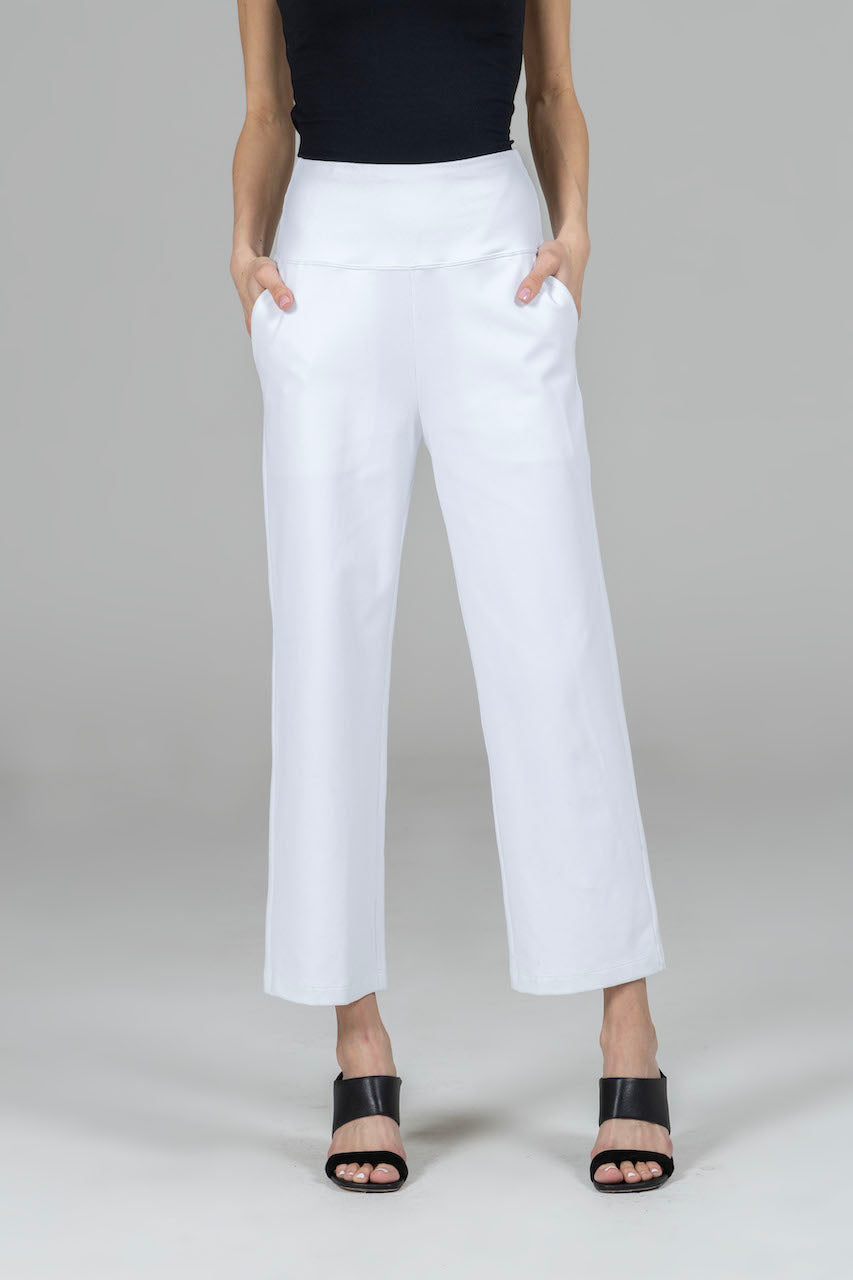 Front view with both hands in pockets of HIGH WAIST ANKLE PANT: WHITE