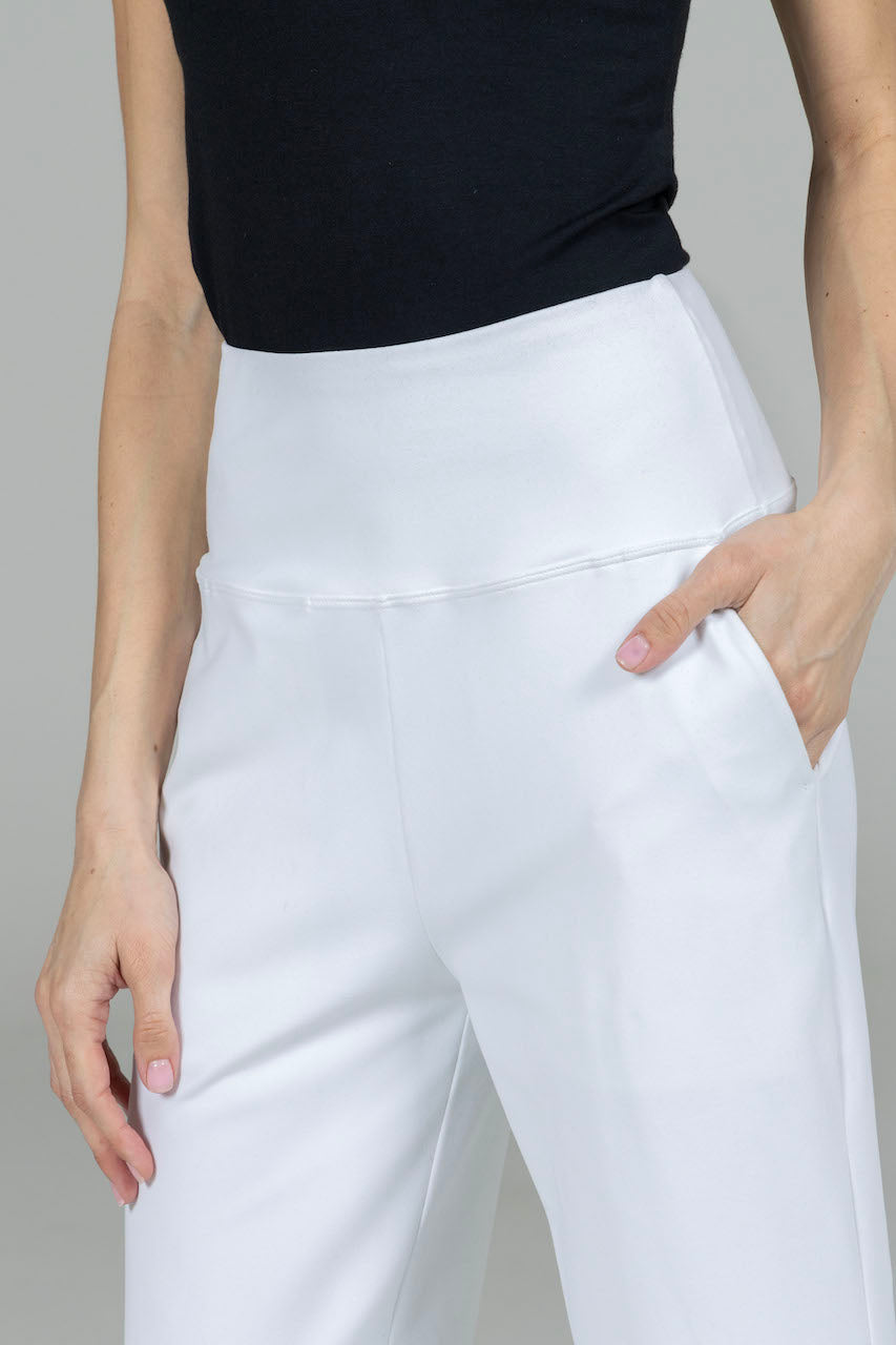 Close up of HIGH WAIST ANKLE PANT: WHITE