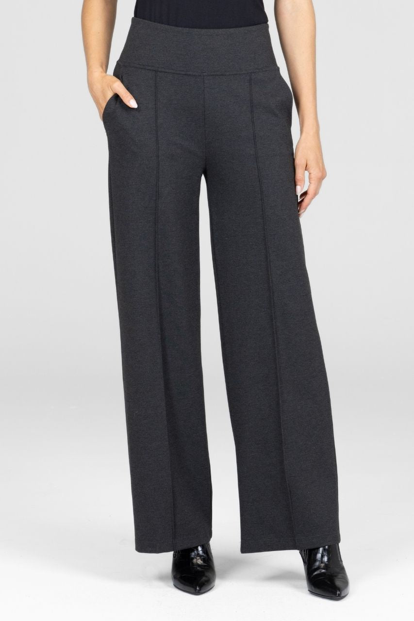 Woman wearing dark gray high waist wide-leg pants worn by a person on a white background