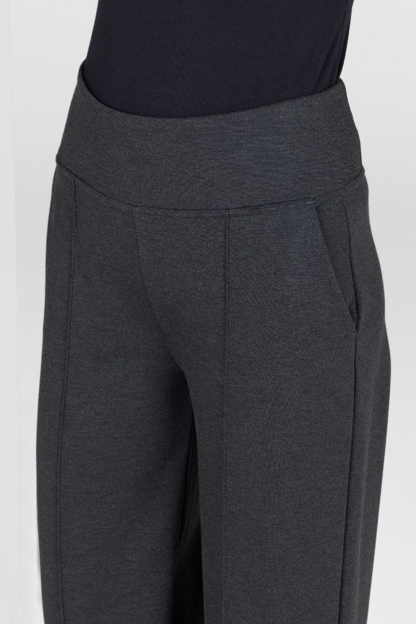 Close up view of woman wearing gray high waisted pants with pintucks on a white background