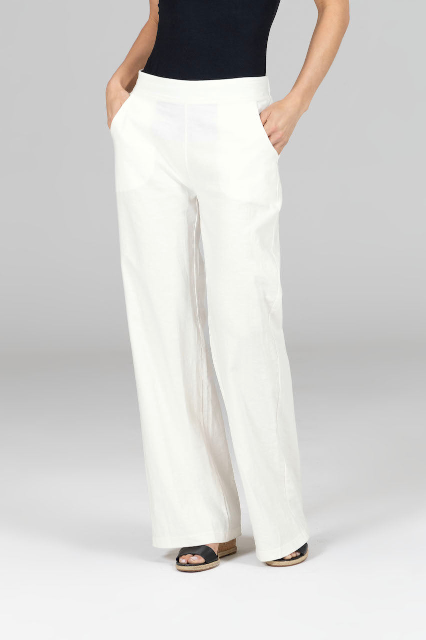 Front view of the Ravello Linen Pant in ivory, showcasing the lightweight fabric and relaxed fit for a fresh and airy look