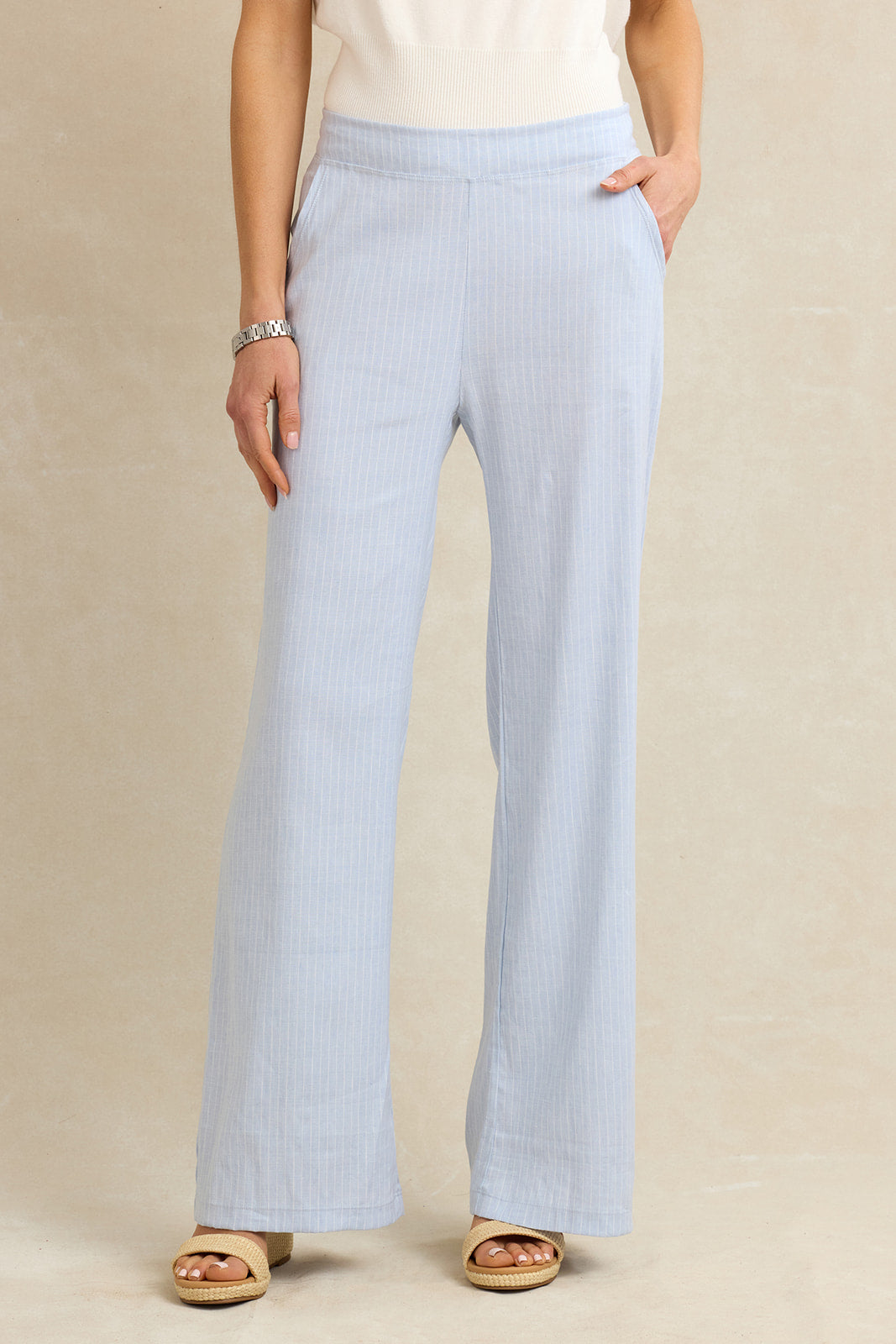 RAVELLO STRETCH LINEN PANT: CHAMBRAY STRIPE