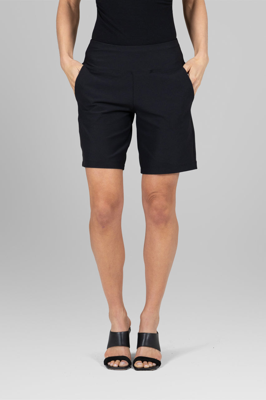 Front view of the Traveler Short in black, highlighting the relaxed fit and stylish design for a versatile summer look