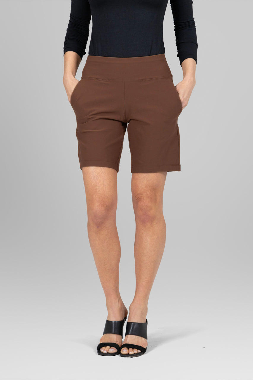 Front view of the Traveler Short in dark khaki, highlighting the relaxed fit and stylish design for a versatile summer look.