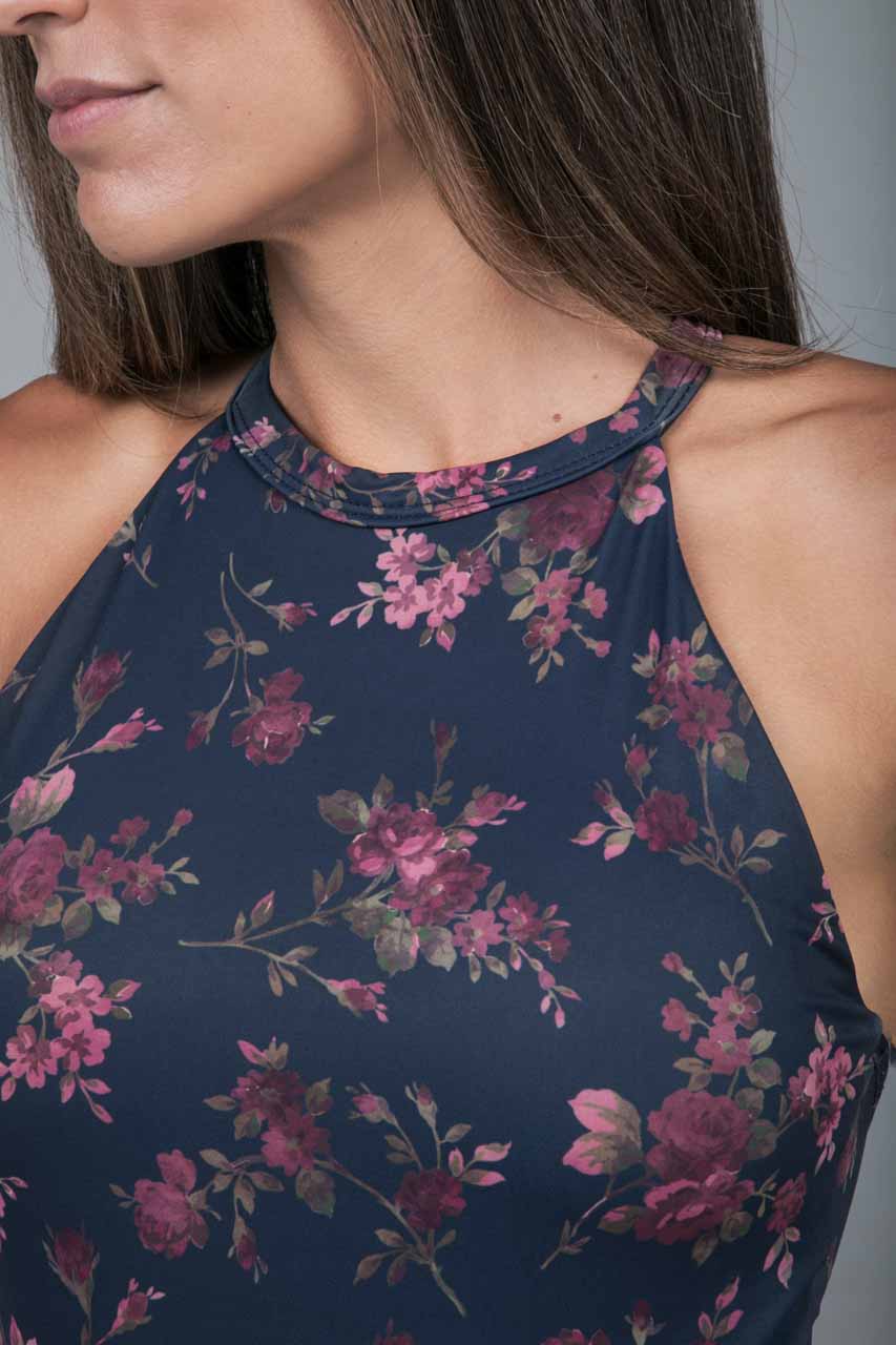 Close up of GRACE YOGA HALTER: VINTAGE NAVY POSY