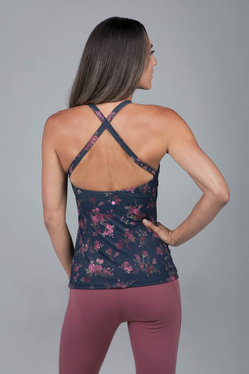 Back view of the Grace Yoga Halter in Vintage Navy Posy, showcasing the stylish design and comfortable fit from behind.