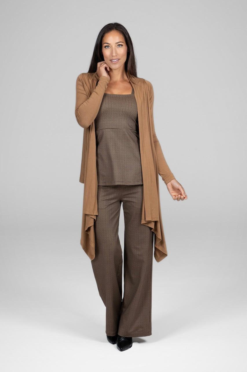 Camel infinity wrap cardigan with a soft, flowing silhouette for stylish layering.