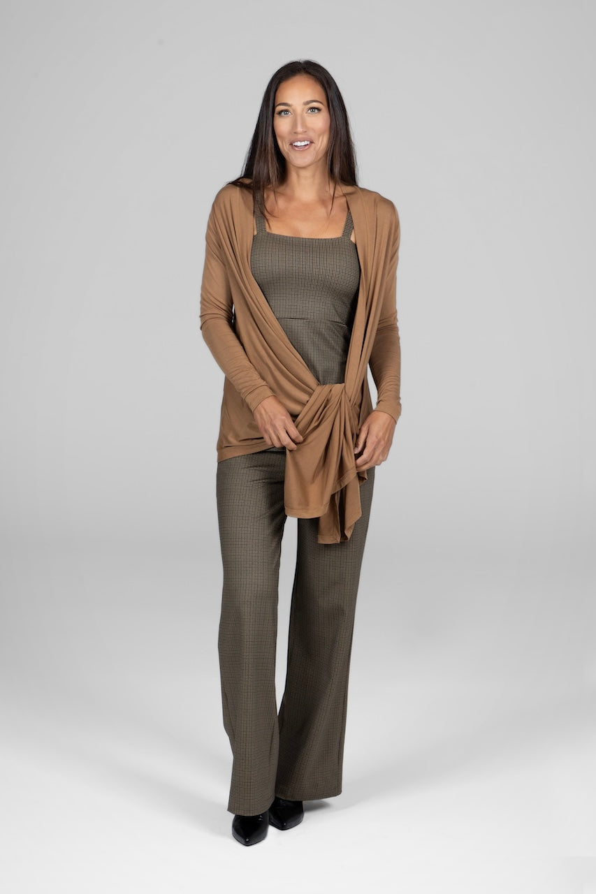 Elegant camel wrap cardigan with an infinity design, perfect for casual and chic outfits.