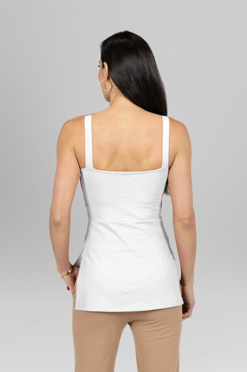 Back view of the Side Slit Cami in white, highlighting the sleek design and comfortable fit that enhances its stylish appeal.