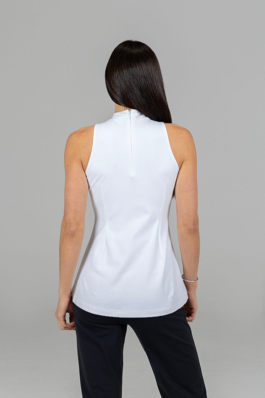 Back view of the Julia Mock Top in white, highlighting the design and fit from the rear.