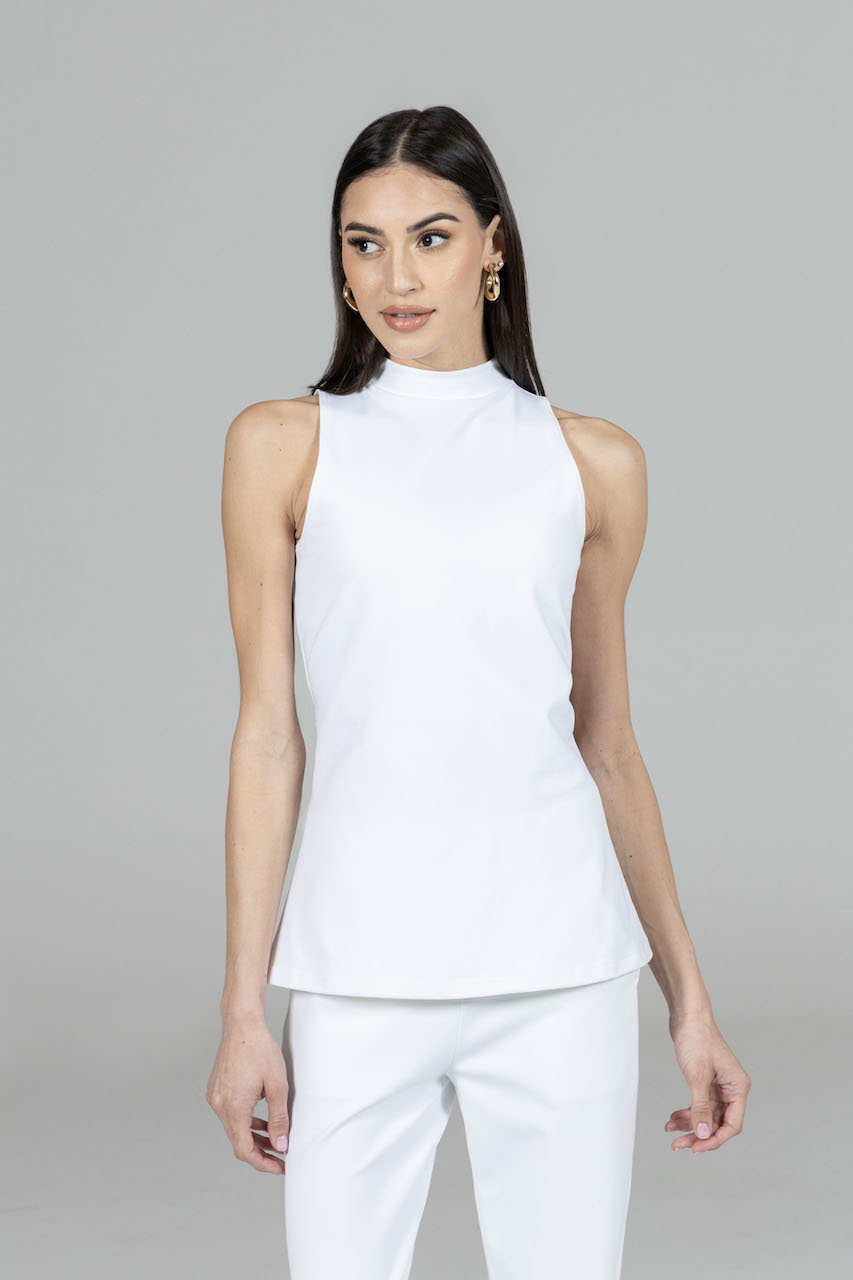 Front view of the Julia Mock Top in white, showcasing its design and fit.