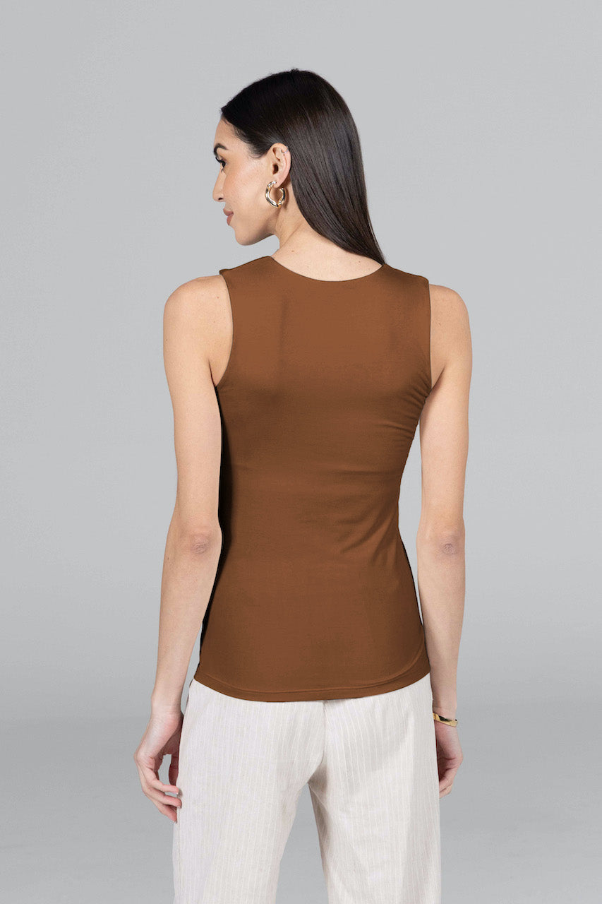 Back view of the Roslyn Tank in bronze, highlighting the design and fit 