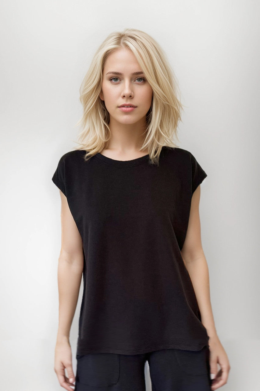 Front view of the Boho Dolman Top in black, showcasing its design and fit