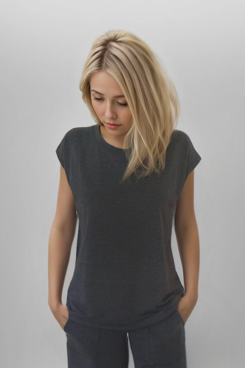 Front view of the Boho Dolman Top in Charcoal Heather, showcasing its design and fi