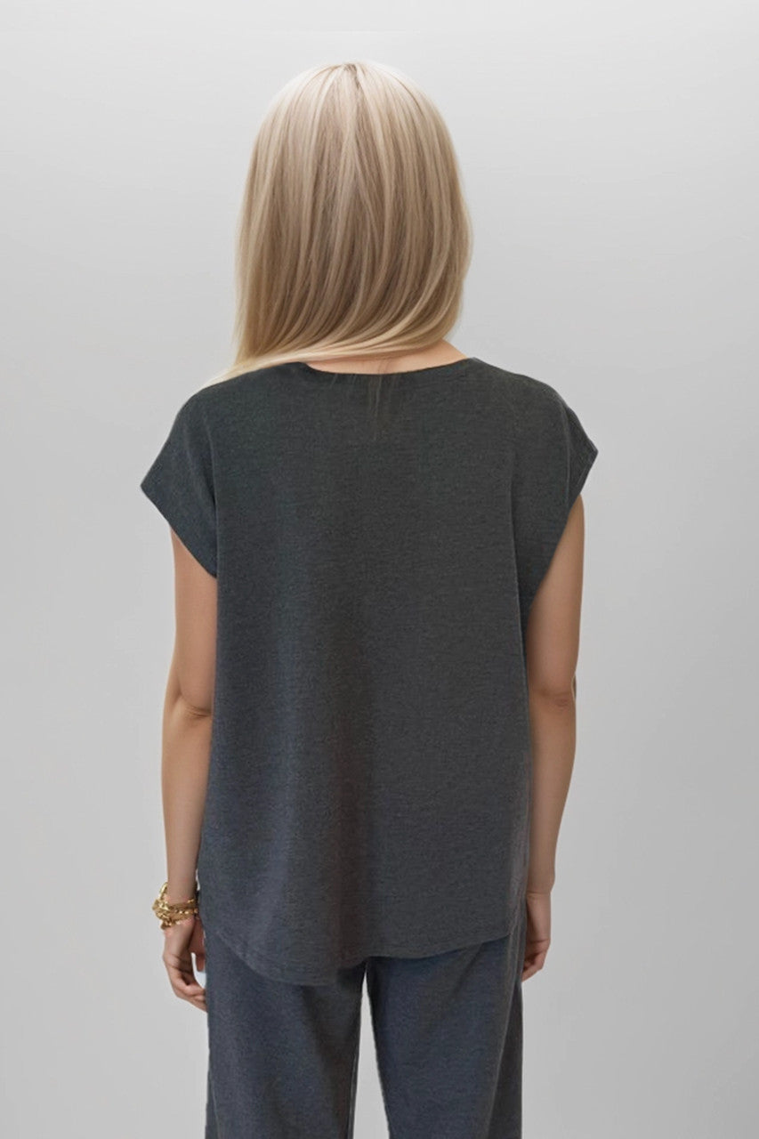 Back view of the Boho Dolman Top in Charcoal Heather, highlighting the design and fit from the rea