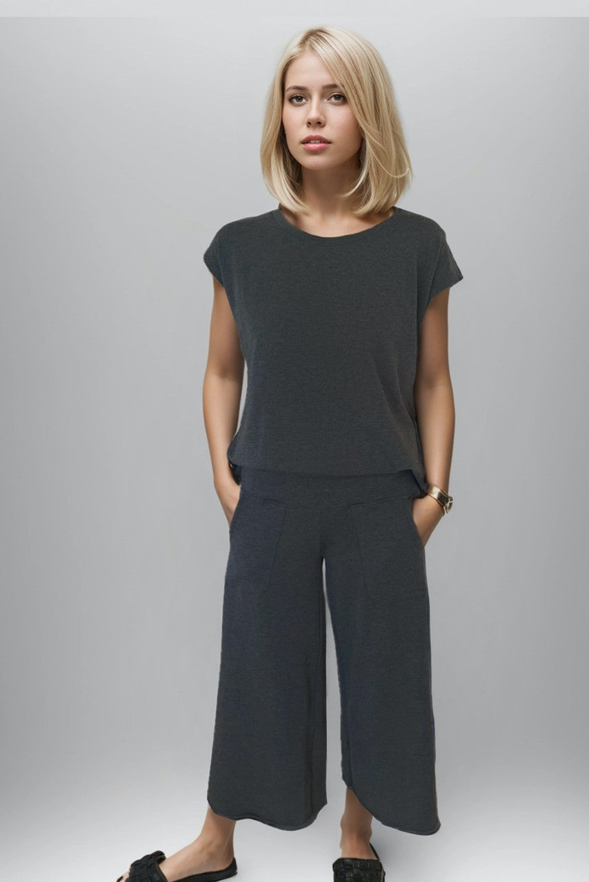 Front view of the Boho Dolman Top in Charcoal Heather, showcasing its design and fit