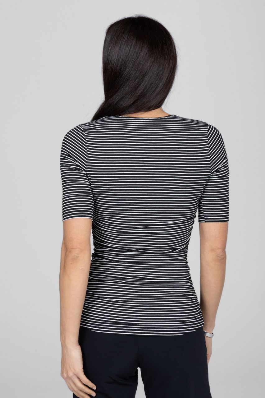 SQUARE NECK ELBOW SLEEVE TOP: BLACK STRIPE