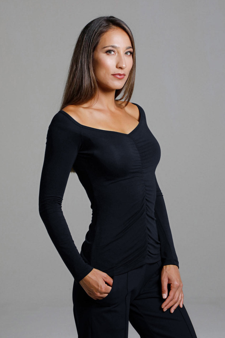 Ruched V-Neck Long Sleeve (Black)