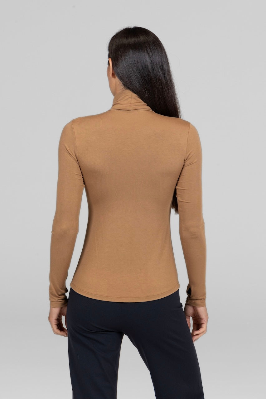 Back view of camel Grace Turtleneck, showing the smooth, uninterrupted design.