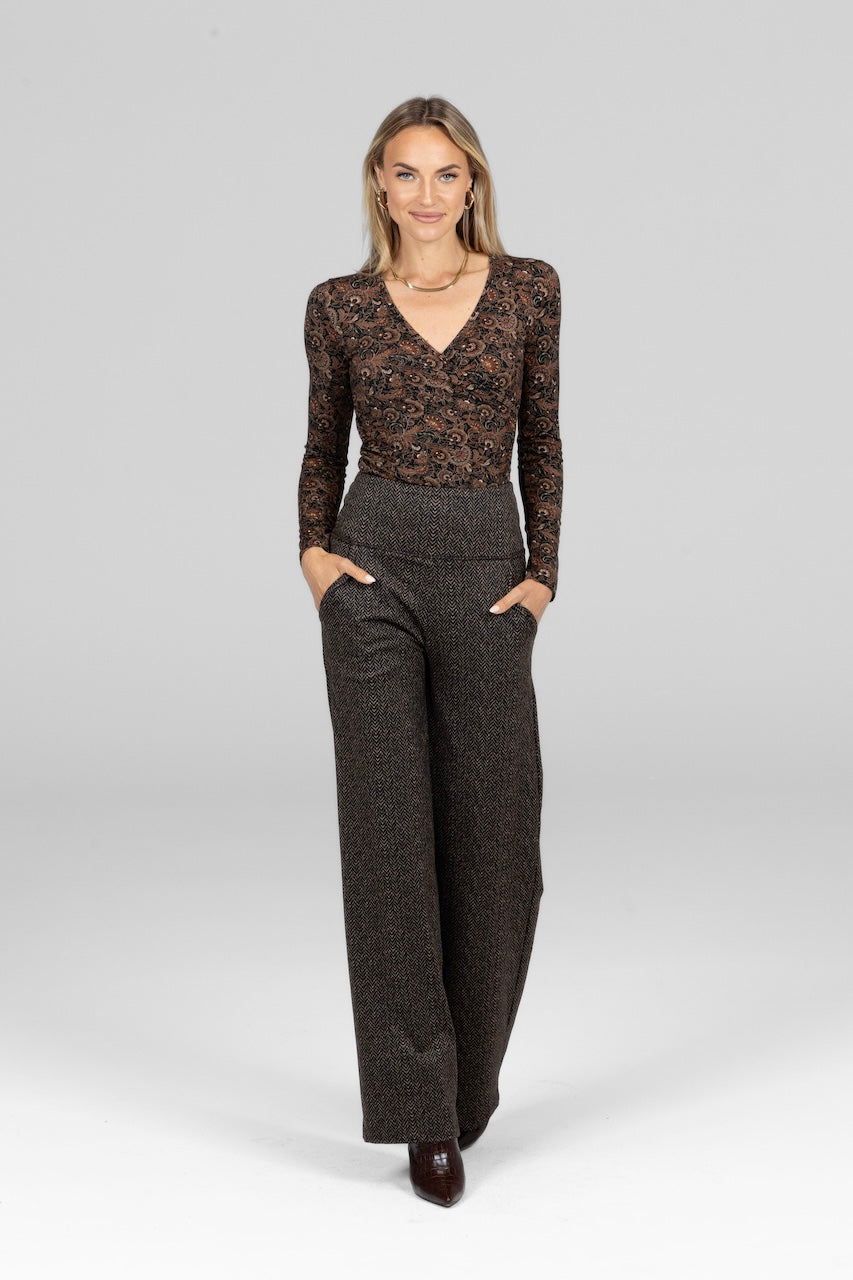 HIGH WAIST WIDE LEG PANT: HERRINGBONE CAMEL