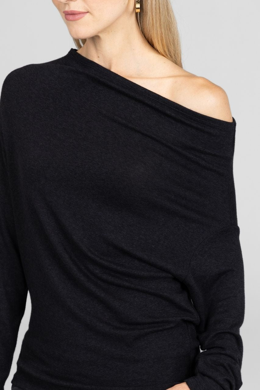 Close up of a black off-shoulder sweater worn by a woman on a plain background