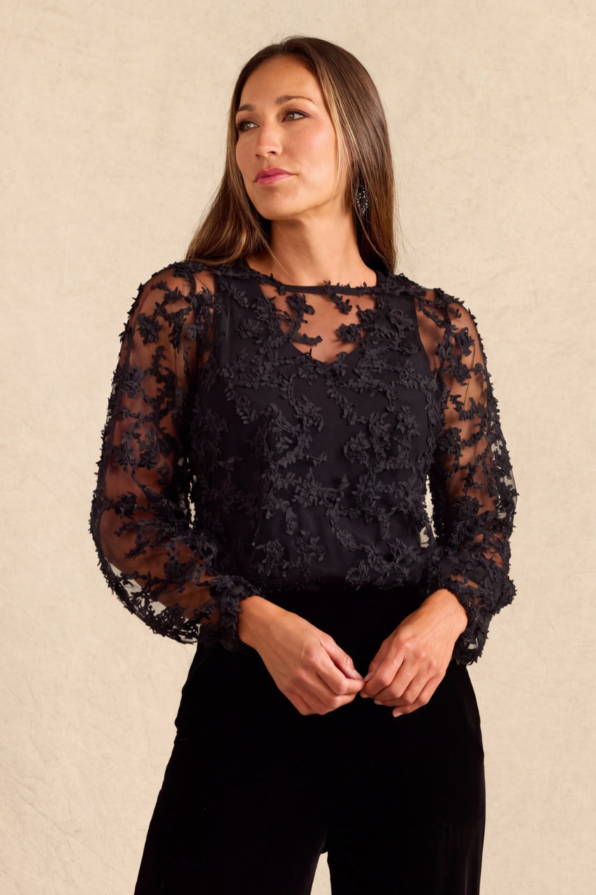 LACE LONG SLEEVE TOP: BLACK