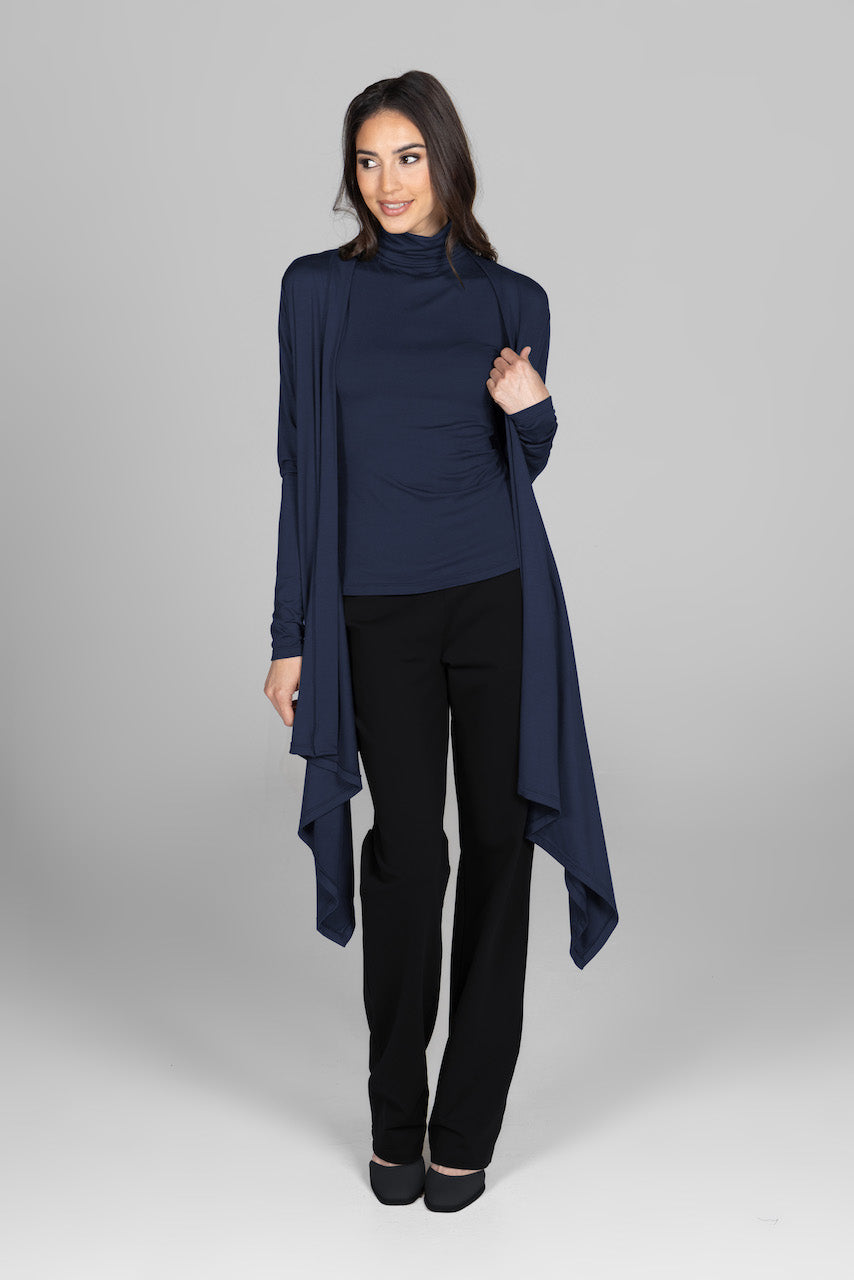 Model styled in Marine Navy Infinity Wrap Cardigan, demonstrating its versatility for different occasions.