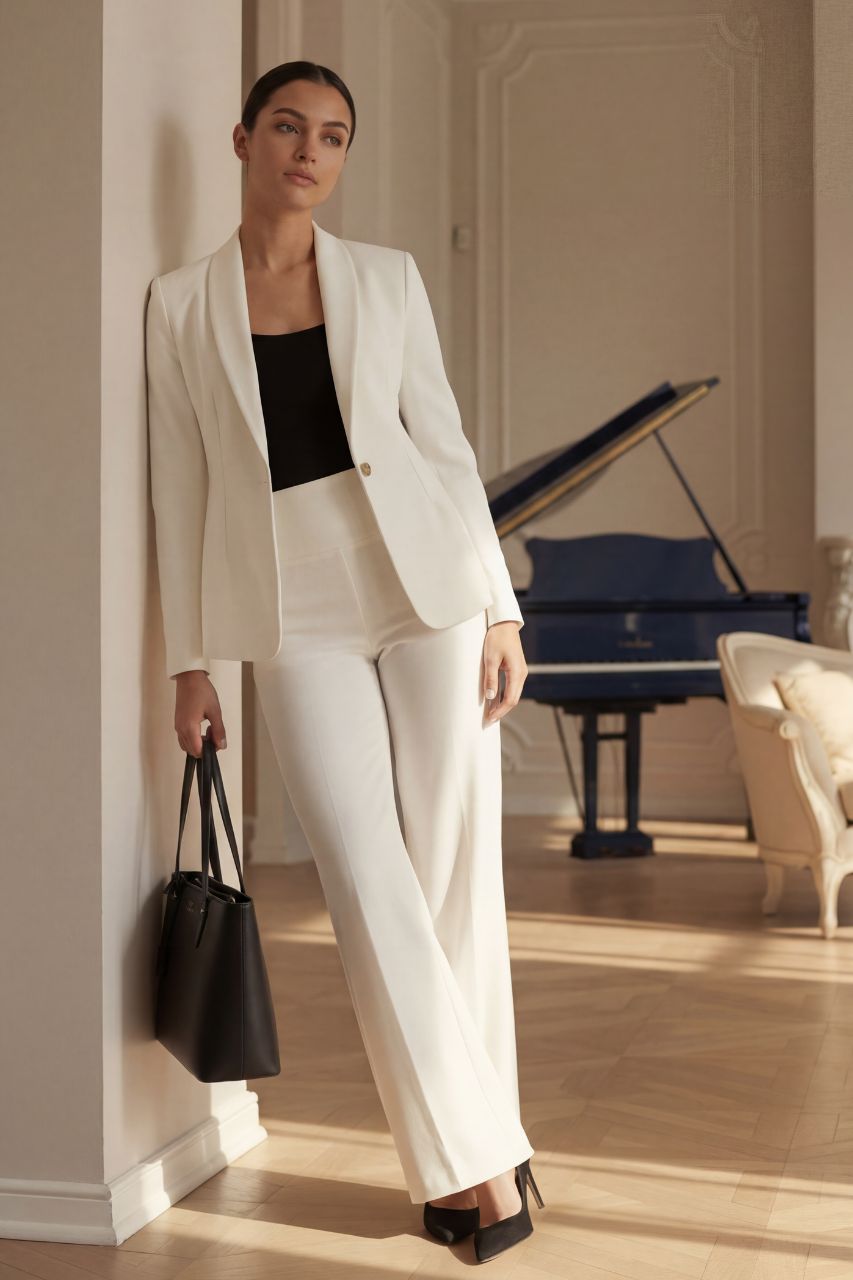 Woman in a white suit holding a black handbag in a room with a piano.