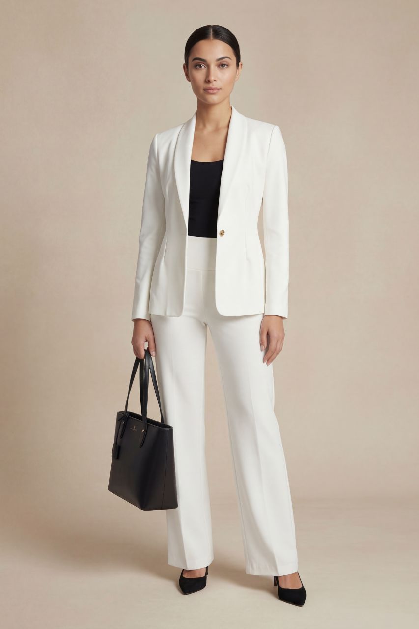 Woman wearing a white suit with a black top and holding a black handbag on a beige background
