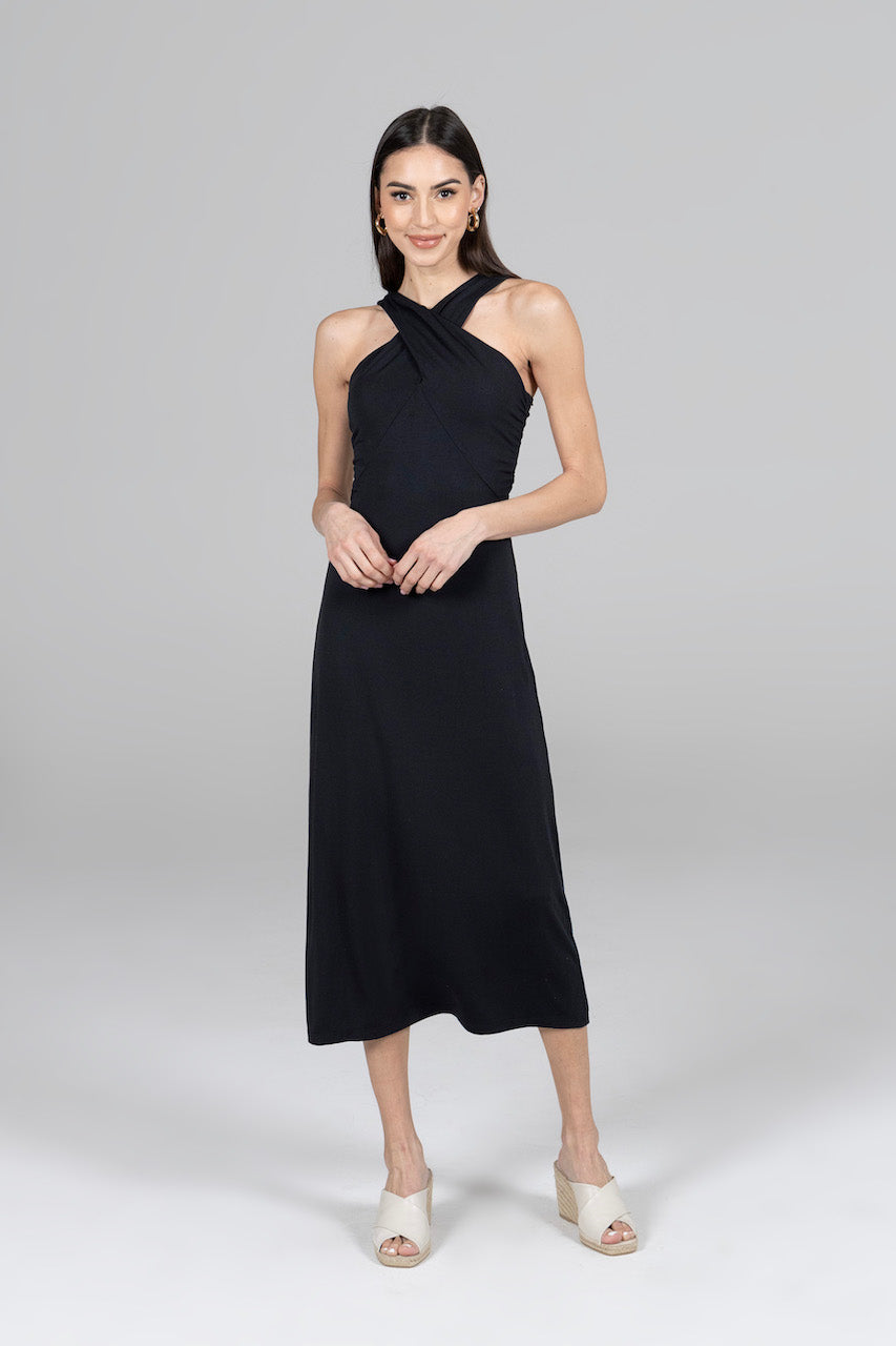 Front view of the Luxe Halter Midi Dress in black, highlighting its elegant design and fit