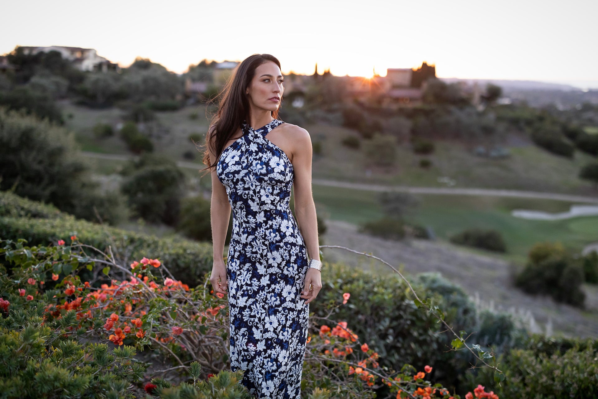 Front view of LUXE HALTER MIDI DRESS: LILY IKAT