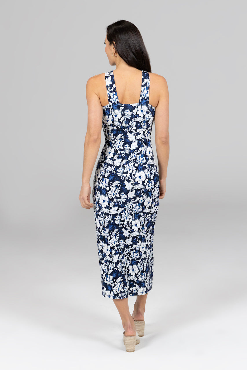 Back view of the Luxe Halter Midi Dress in Lily Ikat, highlighting the design and fit