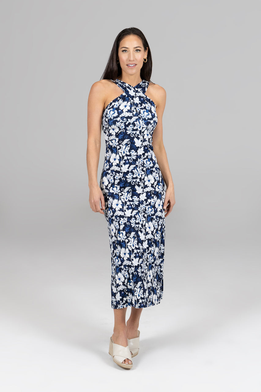 Front view of the Luxe Halter Midi Dress in Lily Ikat, showcasing its design and fit.