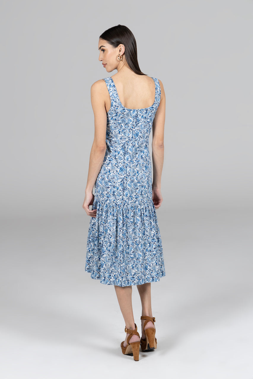 Back view of the Juliette Midi Dress in Cottage Garden, highlighting the design and fit from the rear.