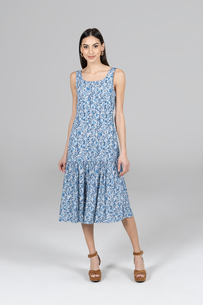 Front view of the Juliette Midi Dress in Cottage Garden, showcasing its floral pattern and elegant design