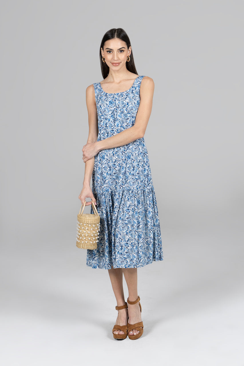 Front view of the Juliette Midi Dress in Cottage Garden, showcasing its floral pattern and elegant design