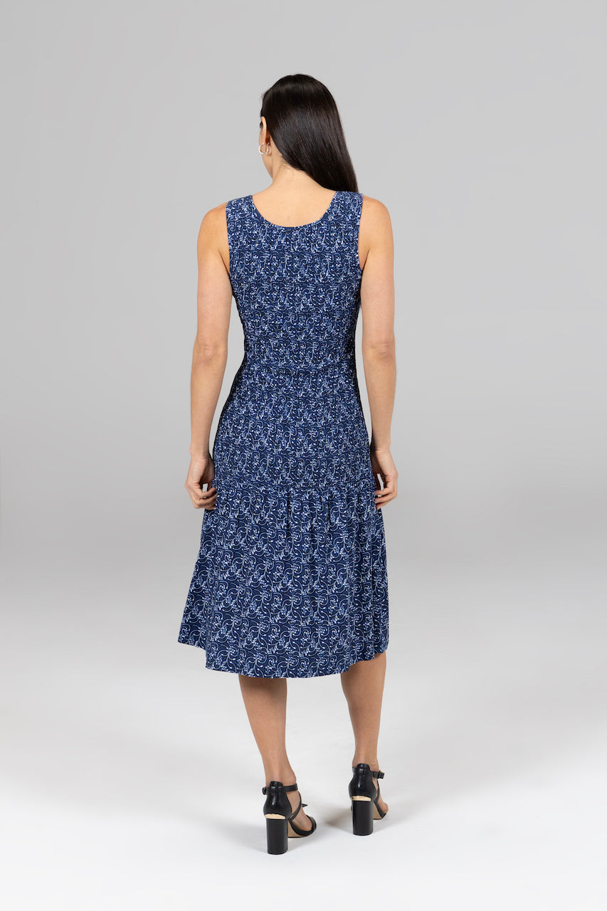 Back view of the Portofino Dress in Blue Vines, highlighting the design and fit from the rear